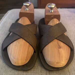 Gucci GG Monogram Brown Leather Men’s Flip Flops Slide Sandals Size 10 UK 11 US